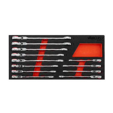 BoxoUSA 12-Piece Flex Head 100T Metric Ratcheting Combination Wrench Set with Magnetic Stop Ring and Grip Open End | 1/3rd EVA Foam BX534-R2