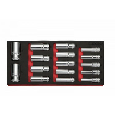 BoxoUSA 16-Piece 1/2" Drive Metric Deep Socket Set | 1/3rd EVA Foam BX244-R2