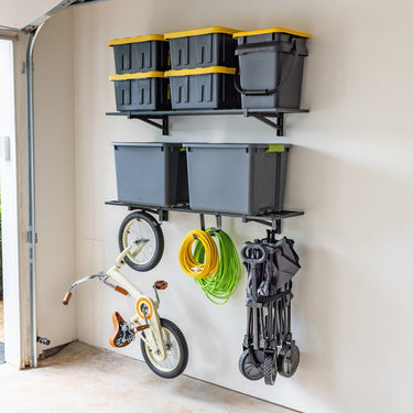Pair of Bristol 1' x 4' wall-mounted garage shelves showing sturdy metal construction and organized storage space.