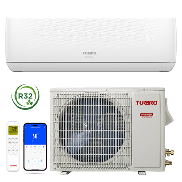 Open box TURBRO Finnmark single zone WiFi mini split AC with heat pump, R32 refrigerant, showing the unit mounted on a wall.