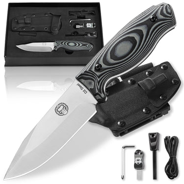 Holtzman's Gorilla Survival Silverback full tang D2 camping knife with leather sheath and gift set presentation.