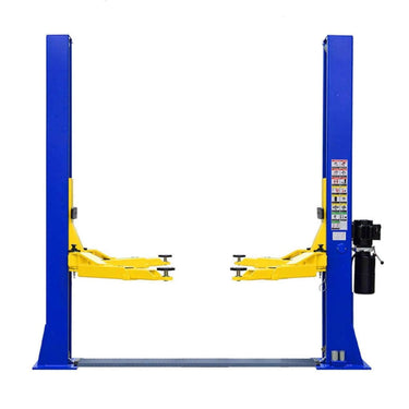 Heavy-duty 10K lbs 2 post car and truck garage hoist lift by SAKSBY WHOLESALE, showcasing its sturdy structure and lifting arms.