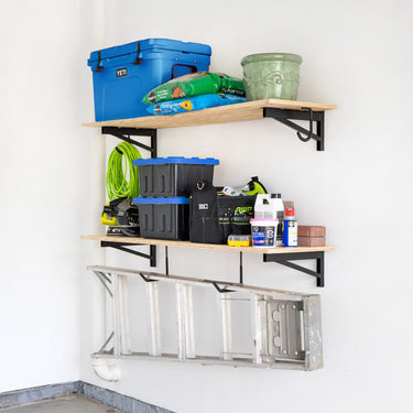 Heavy duty wall mounted DIY wall shelf brackets from StoreYourBoard, designed for garage wall shelves, featuring sturdy metal construction.