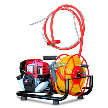 Tomahawk Power 1.6HP skid sprayer with Honda GX35 engine, 100ft hose, 500 PSI pump, ideal for pest control applications.