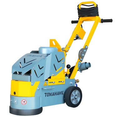 10-inch electric concrete floor grinder with 1.5HP motor by Tomahawk Power, used for smoothing, floor prep, and coating removal.