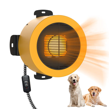Open box TURBRO Neighborhood DH400A dog house heater, compact outdoor heating device with protective grille and digital controls.