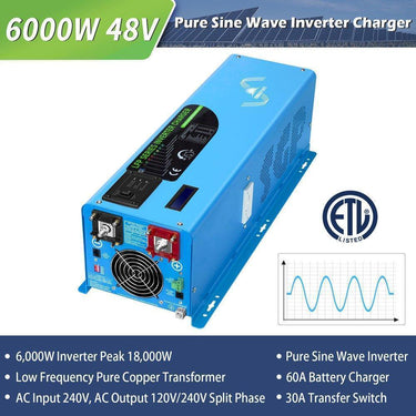 Kit Solar Aislado 6000W 48VCC 120V/240V Batería de Litio de 10.24KWH 6 Paneles Solares de 370 Vatios SGK-PRO64