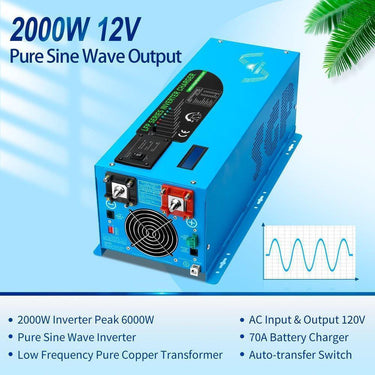 Inversor de onda sinusoidal pura Sungold Power 2000W DC 12V con cargador