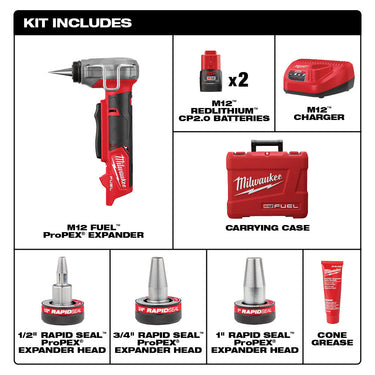 Kit expansor Milwaukee 2532-22 M12 FUEL™ ProPEX® con cabezales expansores RAPID SEAL™ ProPEX® de 1/2" a 1"