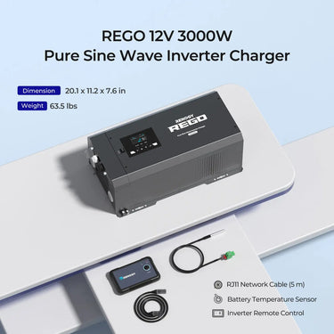 REGO 12V 3000W Pure Sine Wave Inverter Charger w/ LCD Display — Inverter + 5FT 4/0AWG Anderson Cable