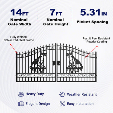 14x7 ft Steel Dual Swing Driveway Gate with Dog Pattern