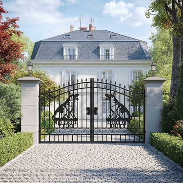 14x7 ft Steel Dual Swing Driveway Gate with Dog Pattern