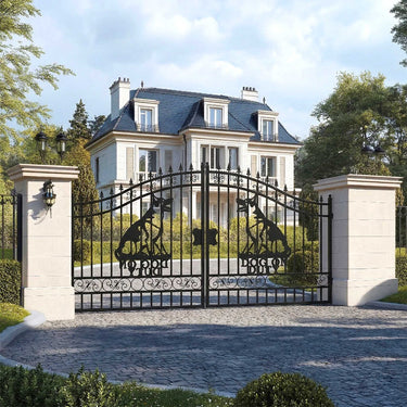 14x7 ft Steel Dual Swing Driveway Gate with Dog Pattern