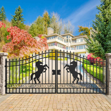 16x7 ft Steel Dual Swing Driveway Gate with Horse Pattern