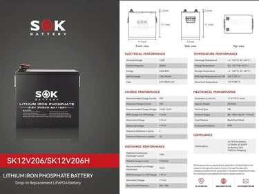 SOK Battery 12V [206Ah-H] 12V LiFePO4 Bluetooth & Optional Built-in heater | SK12V206H & SK12V206P