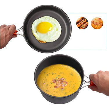 Juego de utensilios de cocina, vajilla y tetera para camping (2-3 personas)