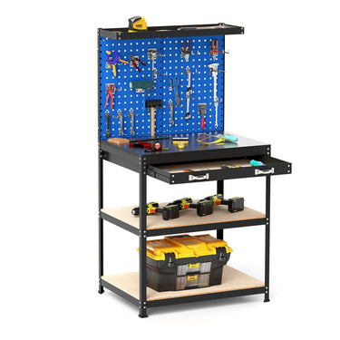 32 x 16 Inch Workbench Work Table with 2 PCs Pegboard Drawer and Shelves-Navy