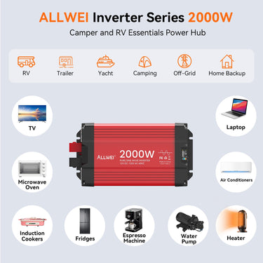 Inversor de onda sinusoidal pura ALLWEI de 2000 W: convertidor de 12 V CC a 120 V CA
