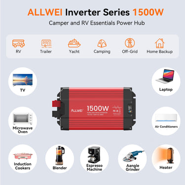 Inversor de onda sinusoidal pura ALLWEI de 1500 W, 12 V a 120 V CA