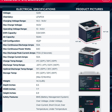 Epoch Batteries 12V 50Ah (0.64kWh) Essential Series - Bluetooth LiFePO4 Battery