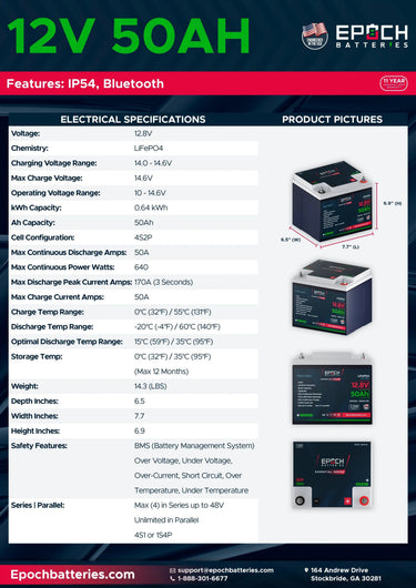 Epoch Batteries 12V 50Ah (0.64kWh) Essential Series - Bluetooth LiFePO4 Battery