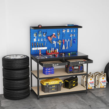 48 x 24 Inch Workbench Work Table with 3 PCs Pegboard Drawer and Shelves-Navy