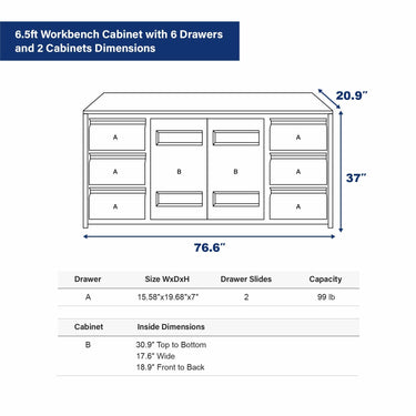 Banco de trabajo de 6.5 pies con gabinete de 6 cajones