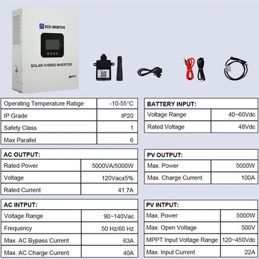 Paquete de alimentación para el hogar fuera de la red Eco-Worthy | Inversor de 5 kW + batería de servidor de 48 V 100 Ah