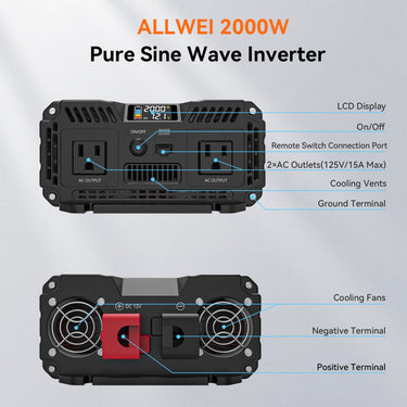 Inversor de onda sinusoidal pura ALLWEI de 2000 W: convertidor de 12 V CC a 120 V CA