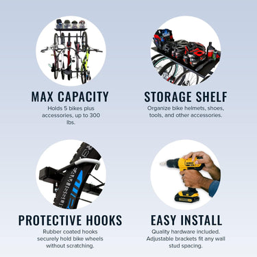 Sistema de almacenamiento de pared con estantes sólidos G-Bike | Capacidad para 5 bicicletas