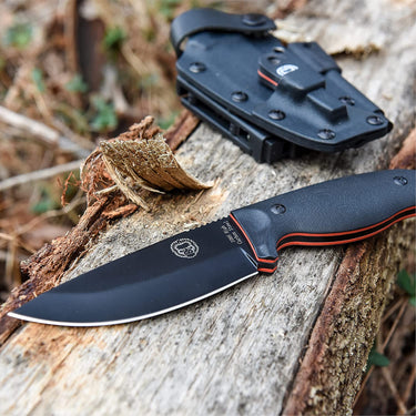 Holtzman's Gorilla Survival Bloodline bushcraft survival knife gift set with 1095 high carbon steel blade and leather sheath.