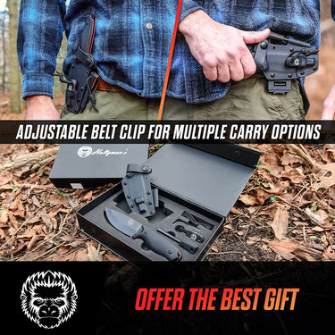 Holtzman's Gorilla Survival Bloodline bushcraft survival knife set with high carbon steel blade and wooden handles, ideal for outdoor use.