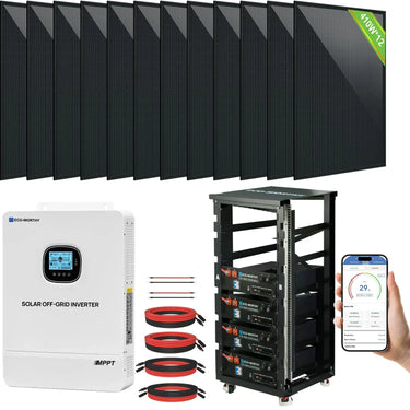 Sistema de energía solar Eco-Worthy de 10 kW fuera de la red | Batería de 20.48kWh a 61.44kWh | 10000W 120/240V | 4920W a 14760W FV
