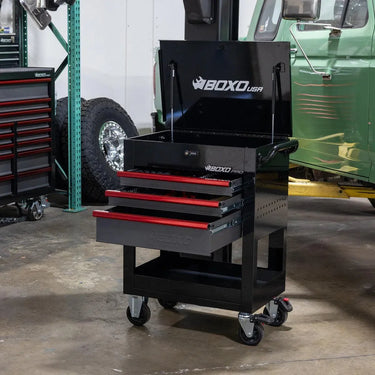 BoxoUSA Pro Series | 28" 3-Drawer Flip-Top Service Cart with 169-Piece Quick Service Master Tool Set 28BQS-BK-R