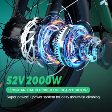 Bicicleta eléctrica de doble motor de 2000 W con tracción total y neumáticos anchos | 52 V, autonomía de 128 km