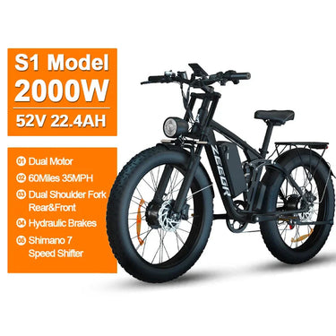 Bicicleta eléctrica de doble motor de 2000 W con tracción total y neumáticos anchos | 52 V, autonomía de 128 km