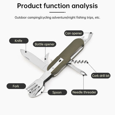 7-in-1 multifunctional stainless steel foldable outdoor camp tableware: fork, spoon, knife. Survival tools for picnic, camping.