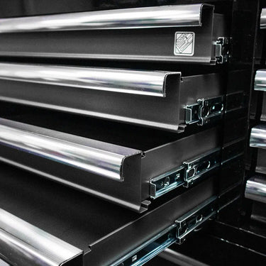 Serie Tech | Caja de herramientas inferior con ruedas de 11 cajones de 41" | Caja de herramientas superior con 8 cajones de 41" | Negro brillante