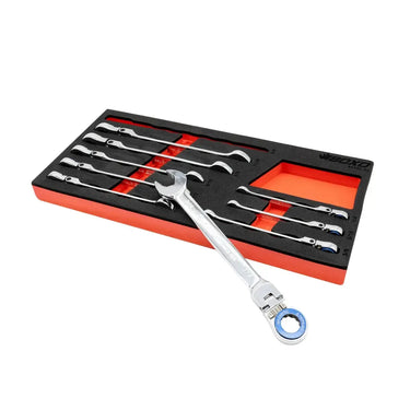 BoxoUSA 9-Piece Flex Head 100T SAE Ratcheting Combination Wrench Set with Magnetic Stop Ring and Grip Open End | 1/3rd EVA Foam BX535-R2