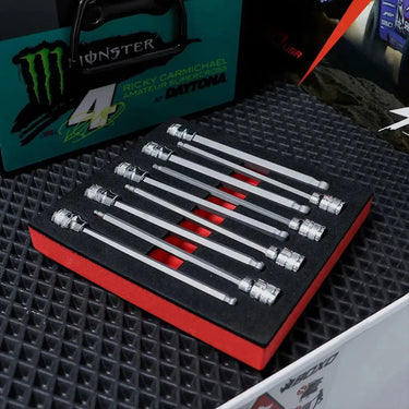 BoxoUSA 9-Piece 3/8" Drive SAE Extra-Long Ball Point Hex Bit Socket Set | 1/6 Drawer EVA Foam BX927-R2