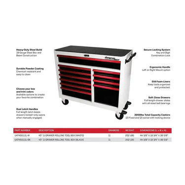 BoxoUSA Pro Series | 45" 11-Drawer Rolling Tool Box UAT450111LM-W-R