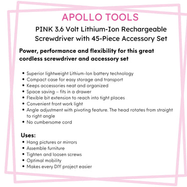 3.6 Volt Lithium-Ion Rechargeable Screwdriver with 45 Piece Accessory Set - Pink DT4944P