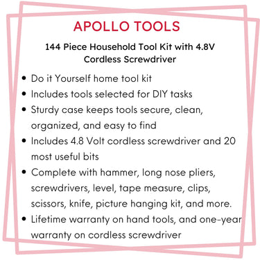 144 Piece Household Tool Kit with 4.8V Cordless Screwdriver - DT8422