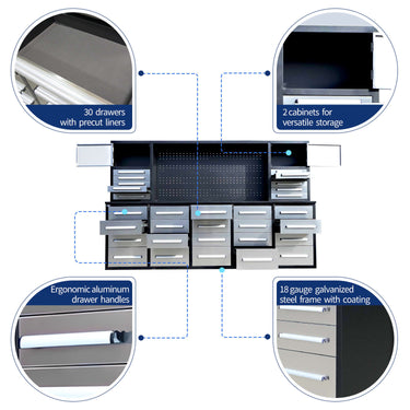 10ft Workbench Cabinet(30 Drawers, 2 Cabinets & 1 Pegboard)