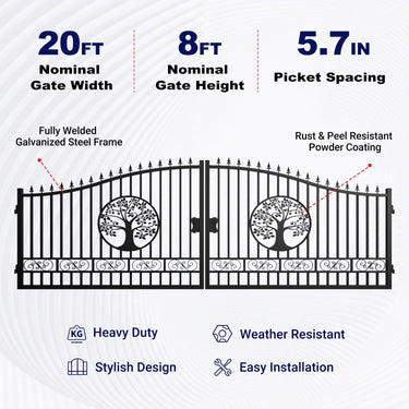 20x8 ft Steel Dual Swing Driveway Gate with Wider Goalposts
