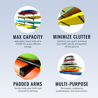 Almacenamiento de tablas de surf y SUP Kona | Estante ajustable para interiores | 4 niveles