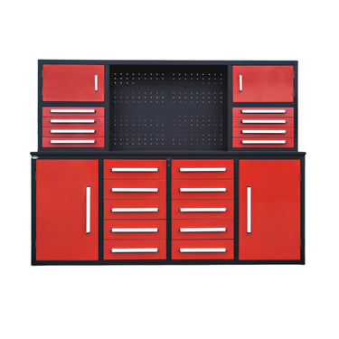 Banco de trabajo de garaje de 7 pies con gabinetes (18 cajones, 4 gabinetes y panel perforado)