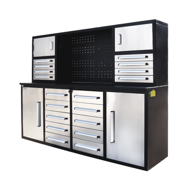Banco de trabajo de garaje de 7 pies con gabinetes (18 cajones, 4 gabinetes y panel perforado)