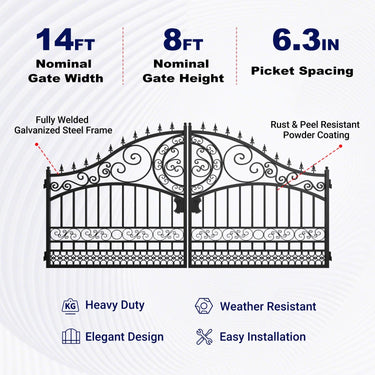 14x8 ft Steel Dual Swing Driveway Gate-European Style