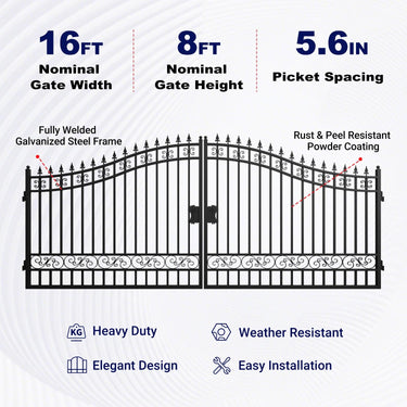 16x8 ft Steel Dual Swing Driveway Gate